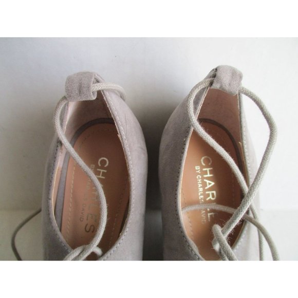 *Charles David Beige Suede Pumps Ankle Tie Closure Stacked Wedge Heels - Picture 5 of 9